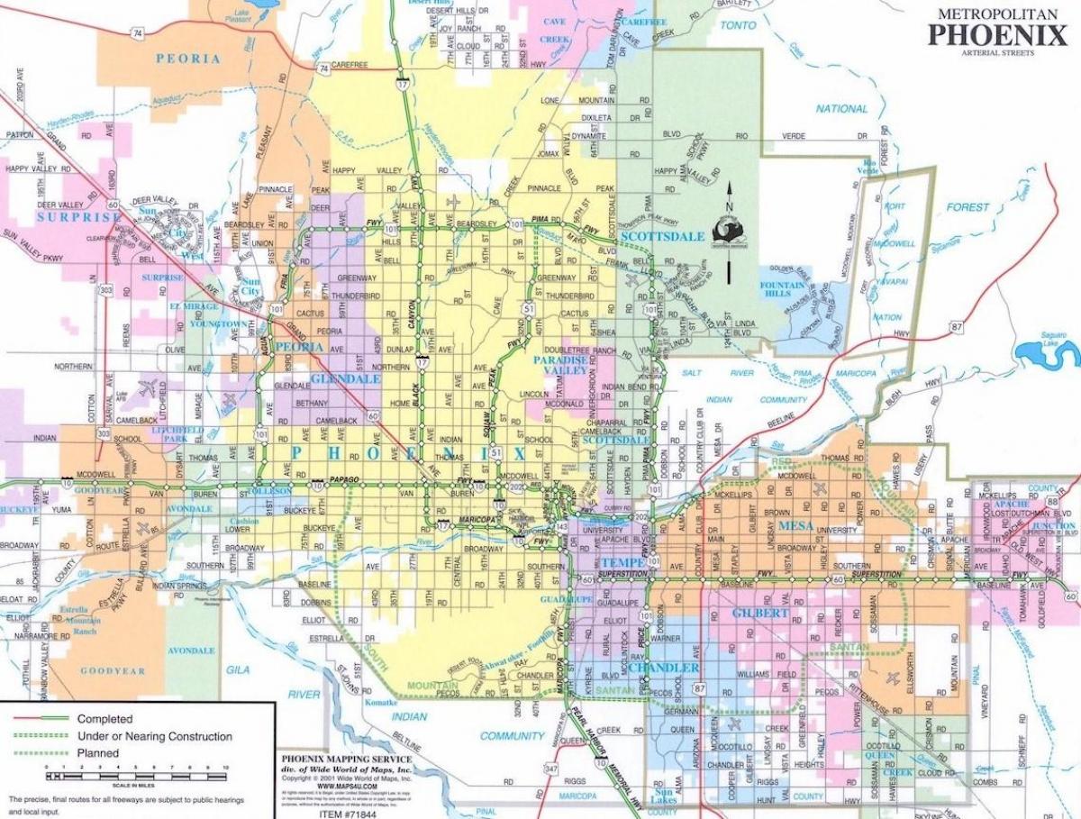 karta över Phoenix i Arizona och omgivande områden